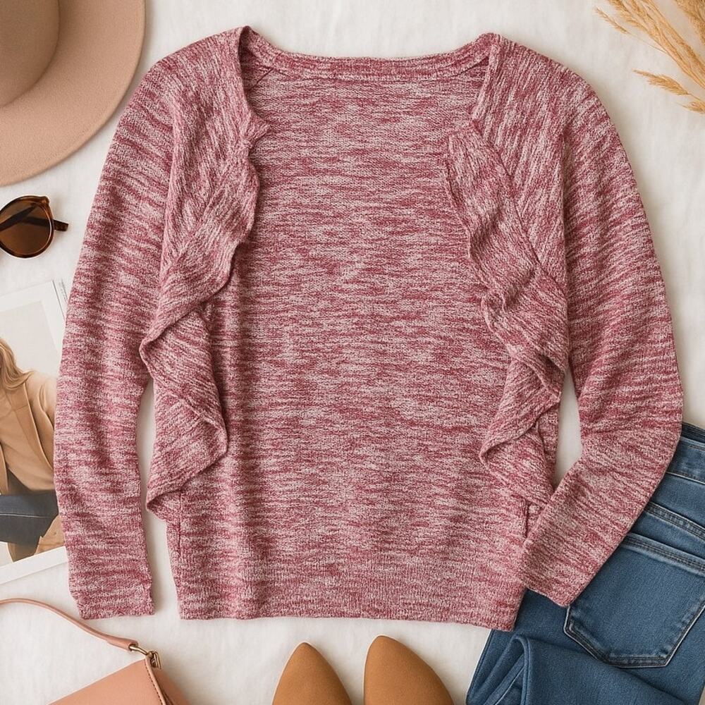 Lilla P Ruffle Marled Knit Sweater Red Boat Neck Cotton Blend Womens Small